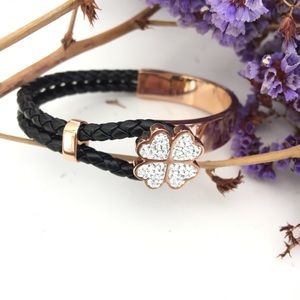 Four Leaf Clover Rose Gold Cz Leather Bracelet